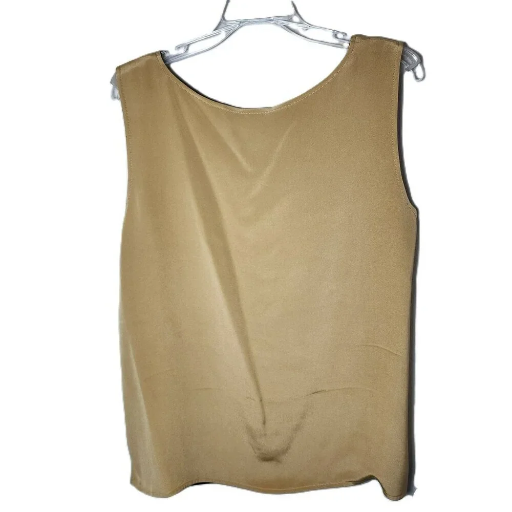 Elana Tanner 100% Silk Sleeveless Blouse Tan Size 16 Scoop Neck Solid Top - Picture 3 of 4